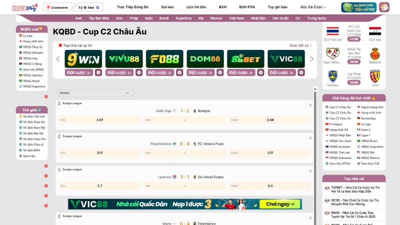 Giao diện xem kết quả bóng đá nhanh tại KQBD 247